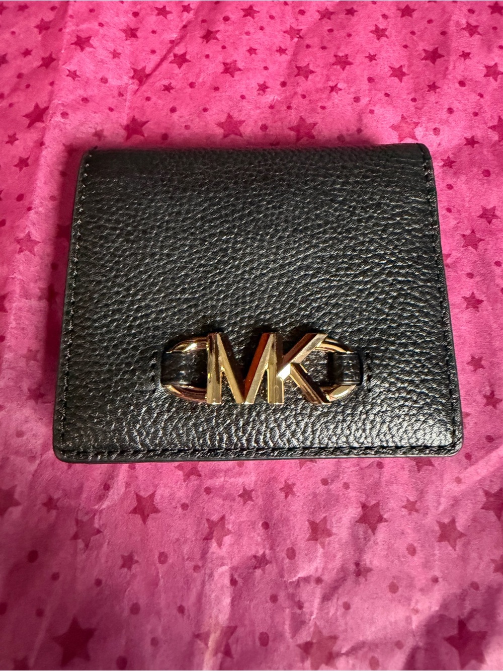 Michael Kors Black Pebbled Leather Card Holder with Gold MK Emblem